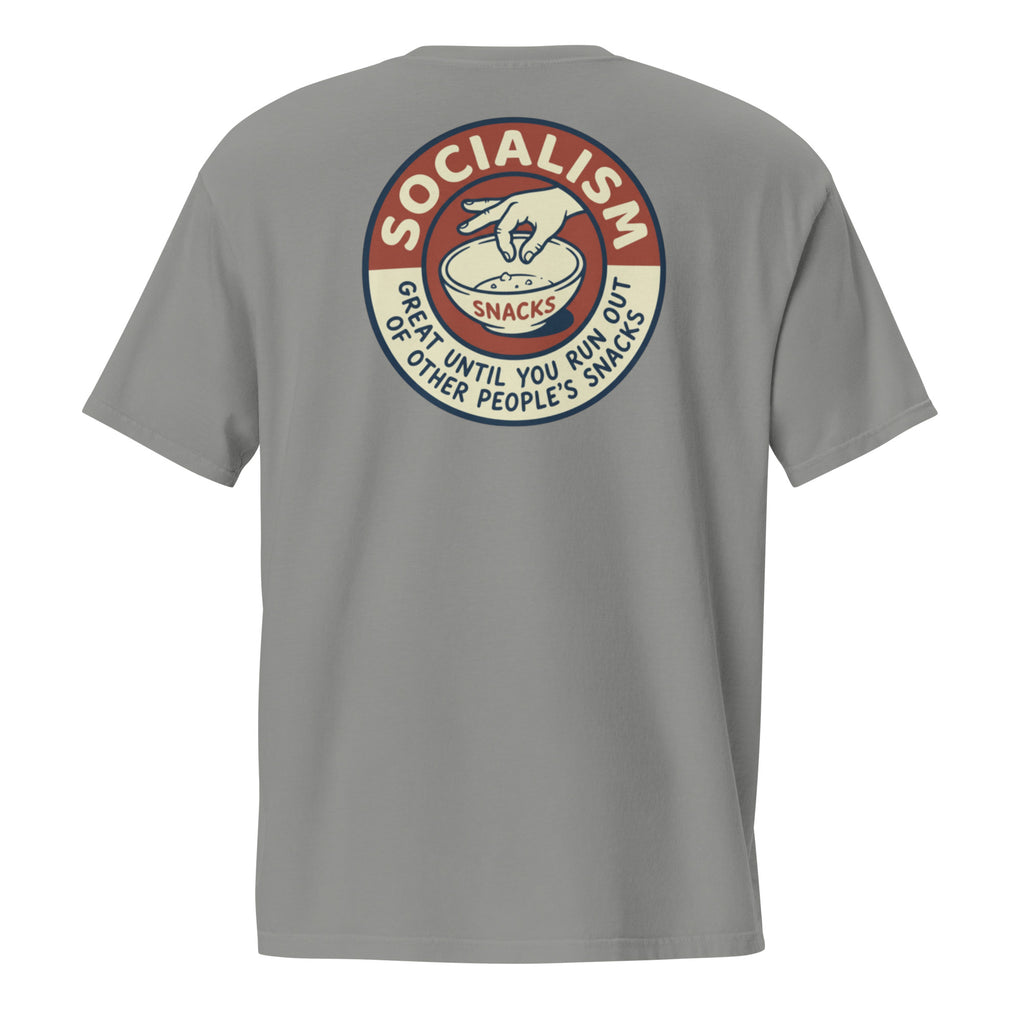 Socialism Snacks tee charity grey back - premium political satire