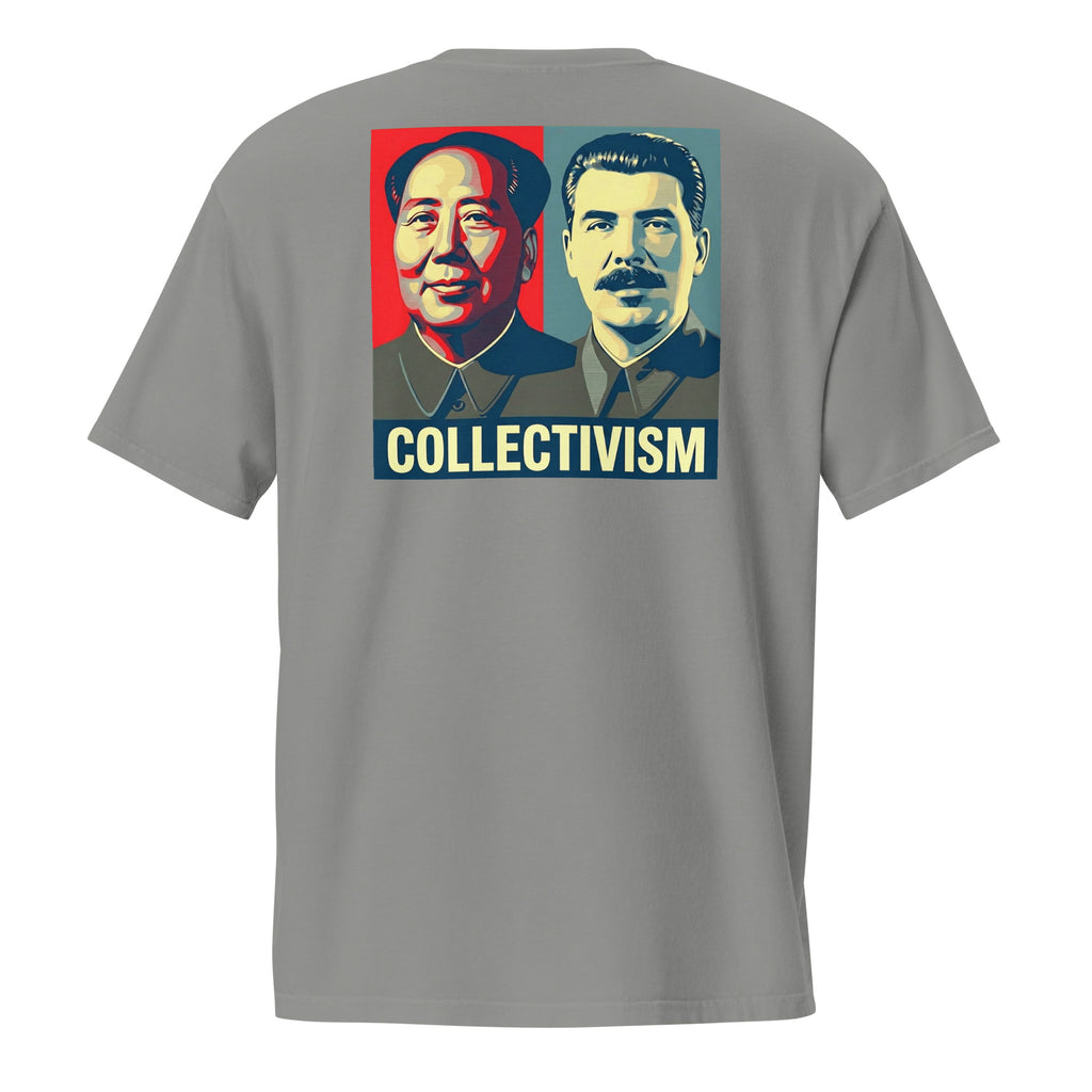 Collectivism satire shirt grey back - Warhol-pop style debate