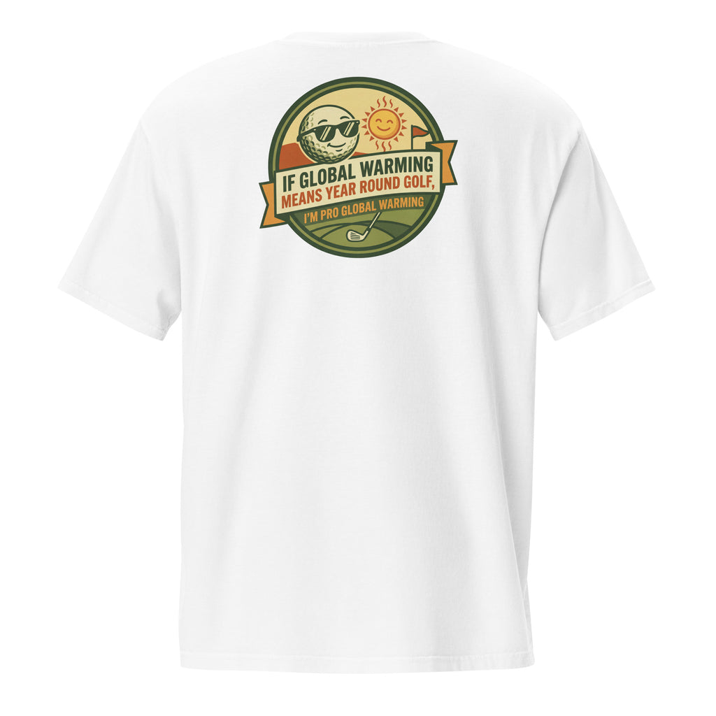 Climate satire golf pocket tee white back - golfer political humor