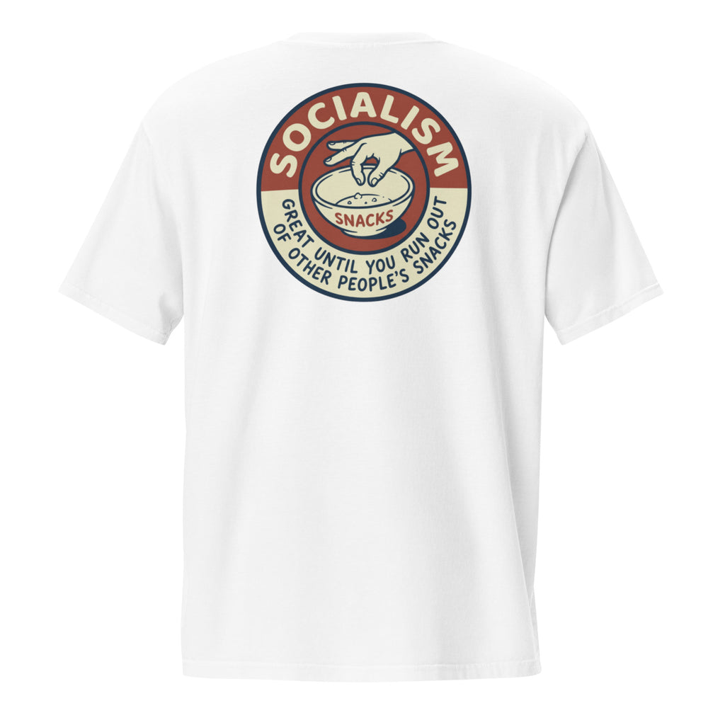 Socialism Snacks tee white back - premium unisex conversation starter