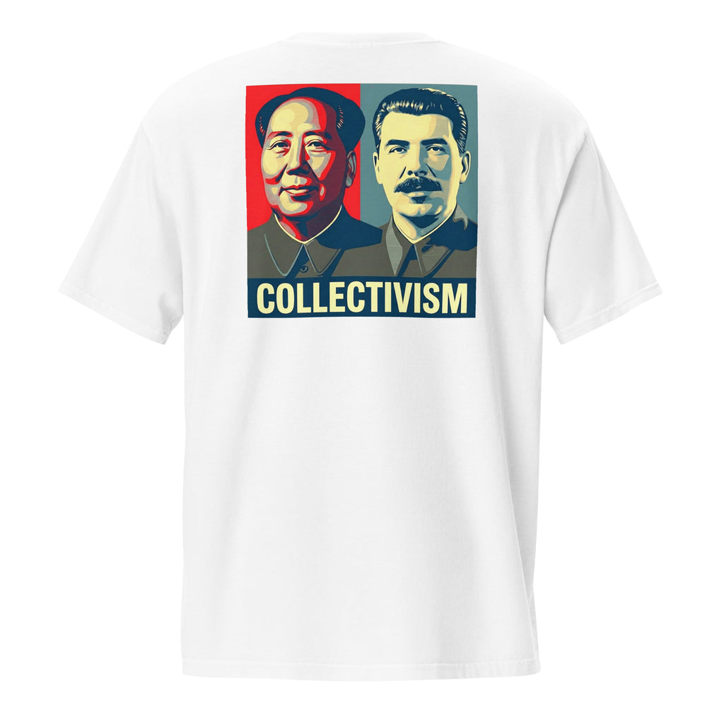 Collectivism vs capitalism shirt white back - policy debate satire apparel