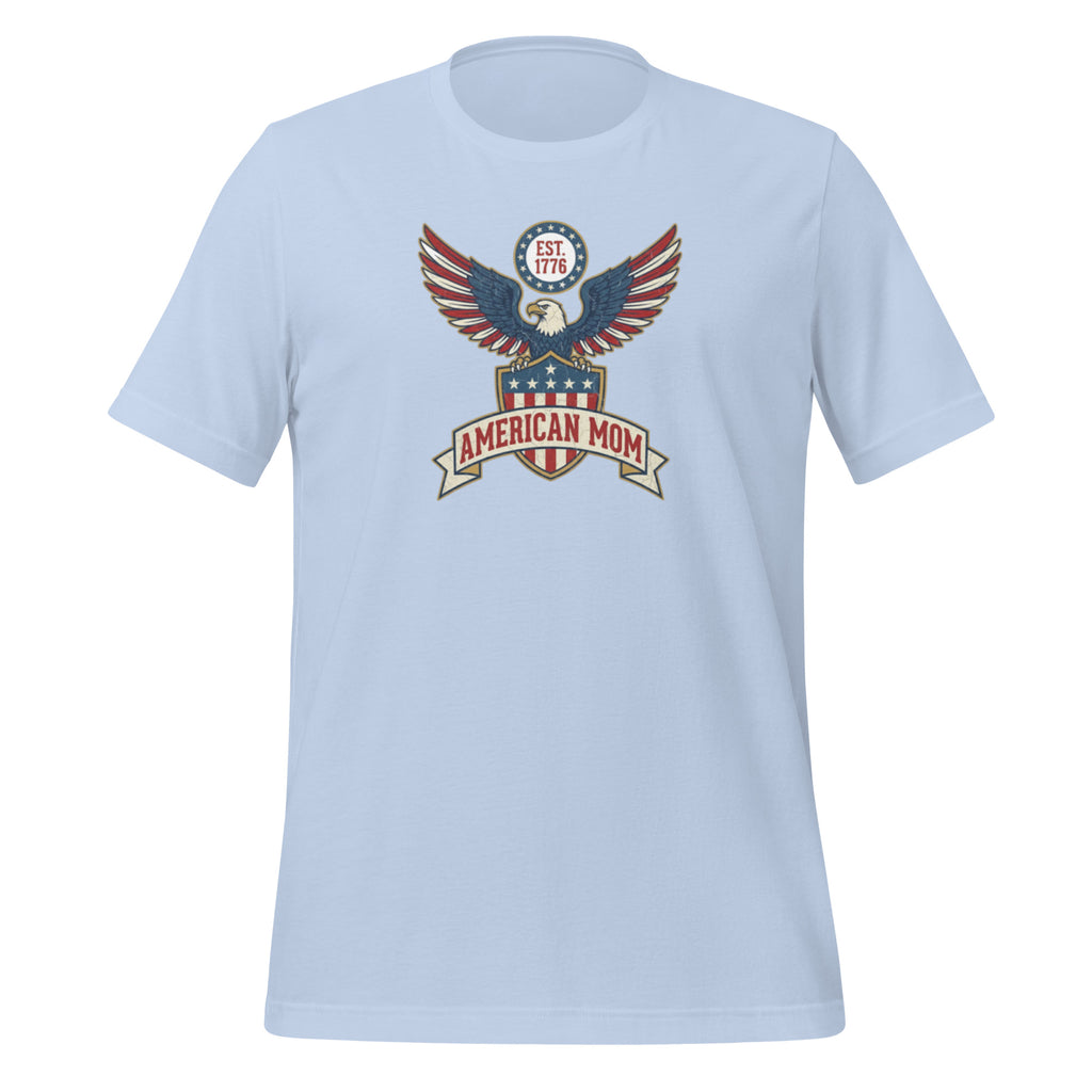 American Mom tee baby blue front - battle-hardened eagle satirical family