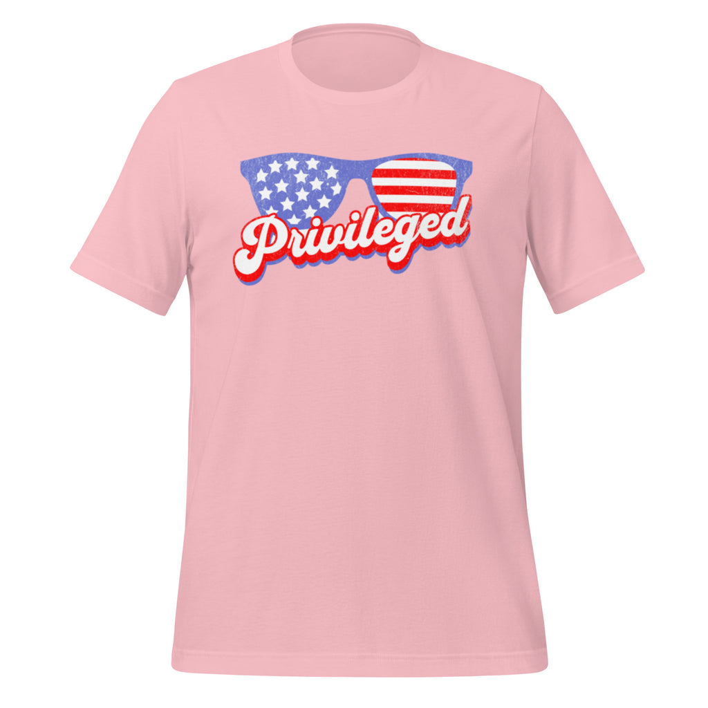 Privileged American flag aviator shirt pink front - realist political tee