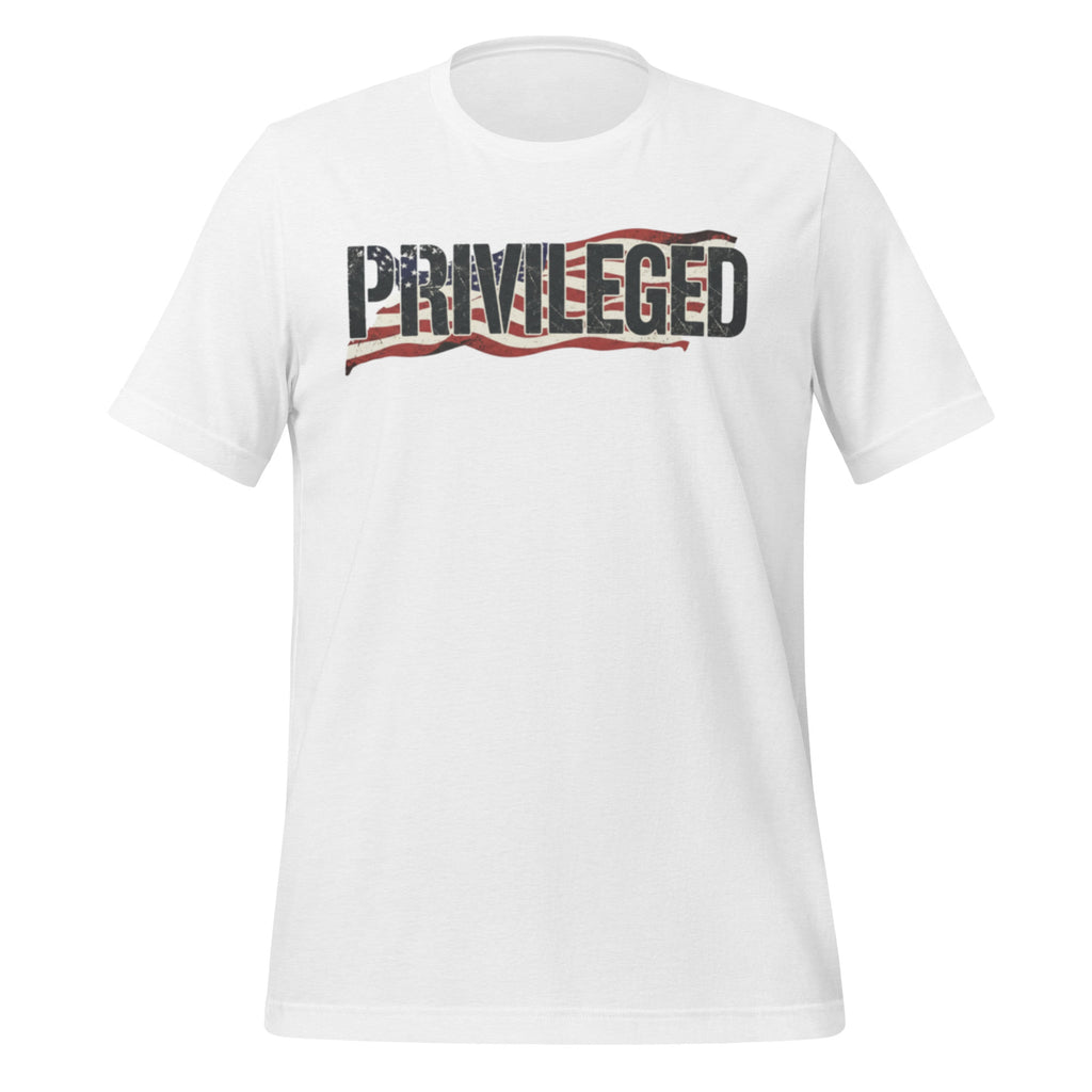 PRIVILEGED unisex tee white front - bold lettering faded American flag