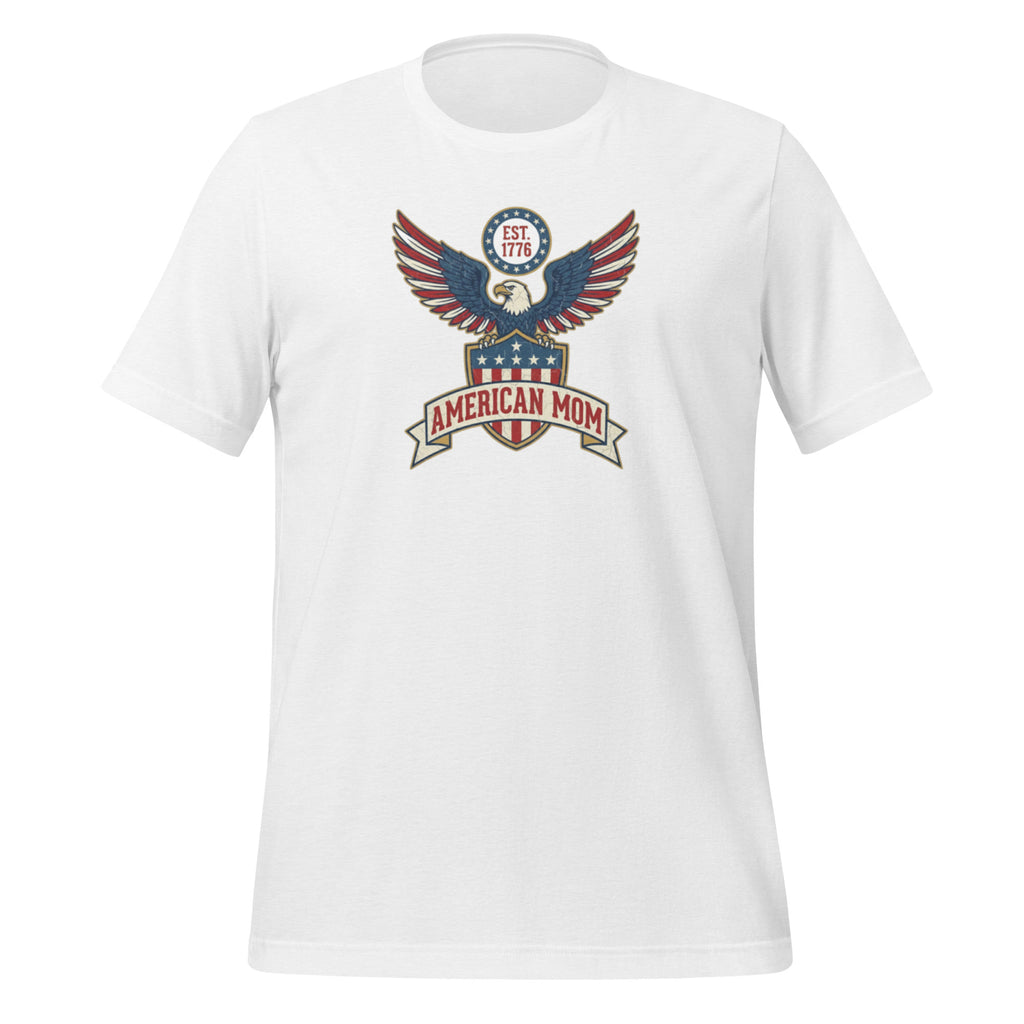 American Mom tee white front - majestic eagle EST 1776 shield