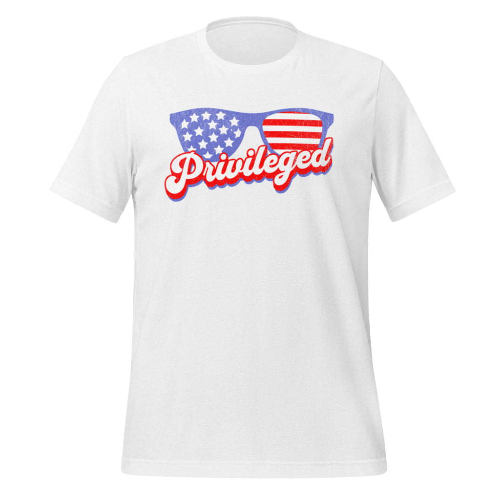 Privileged American flag aviator shirt white front - political humor apparel