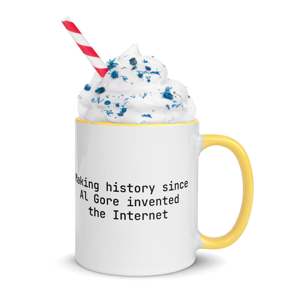 Al Gore Invented the Internet Coffee Mug - white ceramic 11 oz mug with yellow interior, right side view